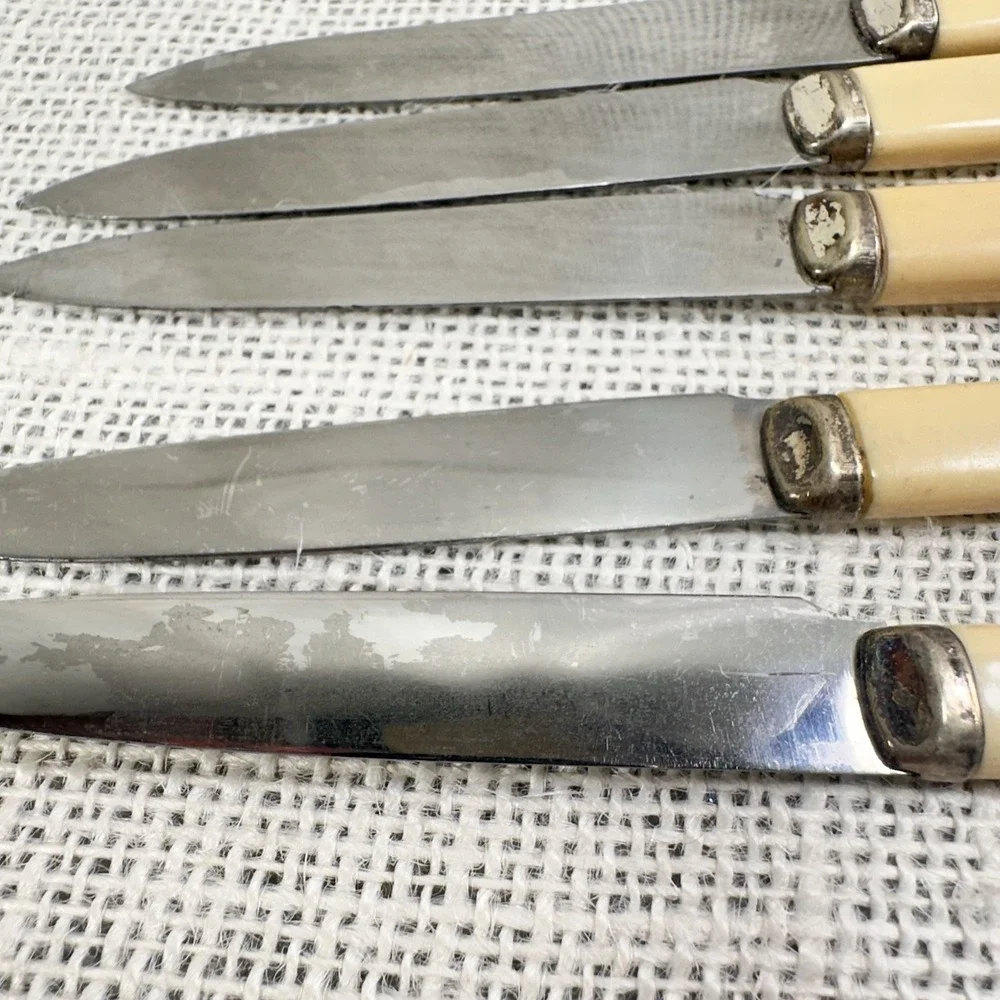 Cream Handle Stainless Steel Luncheon Knives‎ Mid Century Flatware Lot 6
